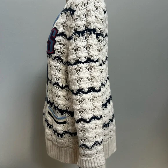 Chic Sandro Cream and Navy Knit Cardigan L - Picture 5 of 10